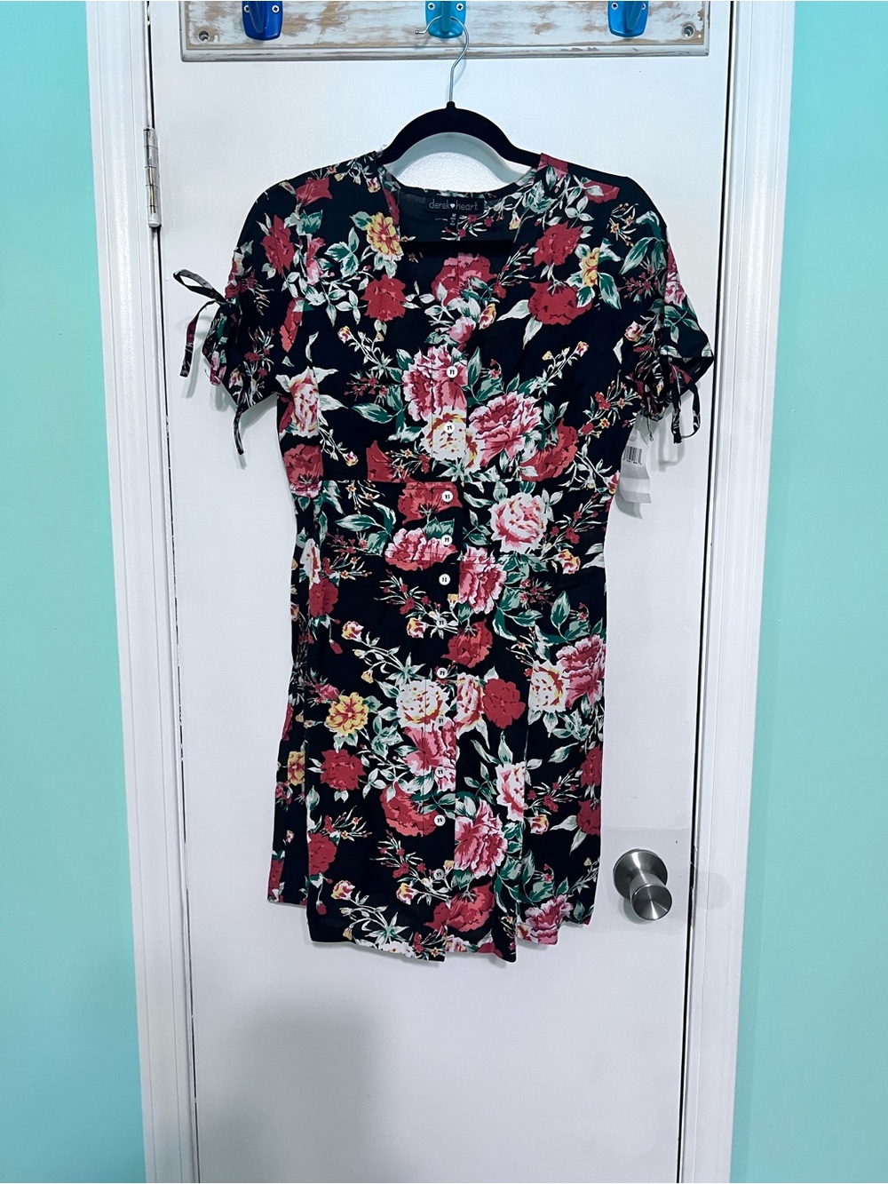 Derek Heart Black Dress with Red, Green & White Floral Print Size Medium